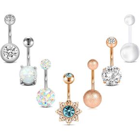 FECTAS 14g Belly Button Rings Surgical Steel CZ with Retainers Navel Ring Barbell for Women Body Piercing Jewelry Rose Gold Silver