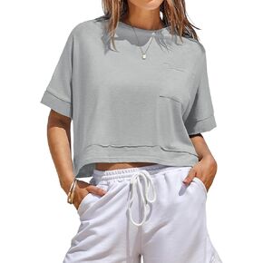 Fisoew Womens Eversize Crops Tops Procleout Short Sleeve T Shirts Summer Summer فضفاضة فضفاضة قمصان تي شيرت مع جيوب