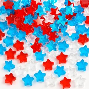 100 Pcs 3D Acrylic Star Ornaments Baubles – Mini Assorted Transparent Red White and Blue Crystal Beads Table Scatter Vase Filler Craft for 4th of July, Memorial Day, and Patriotic Decorations