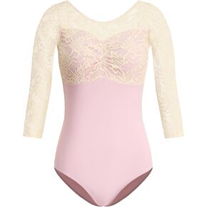 HROYL Women's 3/4 Sleeve Lace Leotards Ballet Dance Gymnastics Bodysuit, Pink