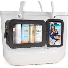 LETGO Clear Insert Bag for Bogg Bag Accessories - 2 Packs Leather Zipper Insert Pouch for Bogg Tote Travel Makeup Clean Toiletry Handbag Organizer Cosmetic Divider Storage Inner Pouch (Beige)