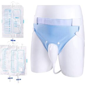 Urine Collection Bag Condom Catheters for Men Reusable Portable Wearable Urinary Drainage with (2000 ML*1+1000 ML*2) Urine Catheter Bag System (Blue-Elderly Men)