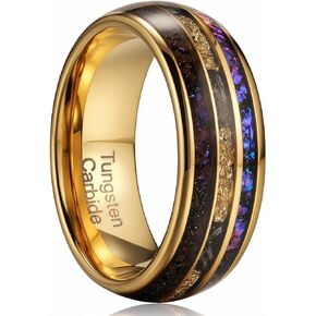 8mm Men's Gold Galaxy Ring, Tungsten Wedding Band with Purple Blue Opal and Chamfered Sparkling Finish - Comfortable Size 7-14, Comes in a Beautiful Gift Box