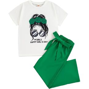 Girl's 2 Piece Outfits Summer Tops Short Sleeve T-Shirt and Wide Leg Pants with Belt Sets