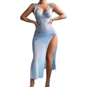 الملابس الداخلية المثيرة للنساء SEED-SESH LACE LACELINGES HIVE SLIT LONG SUBSENDER THONG SET