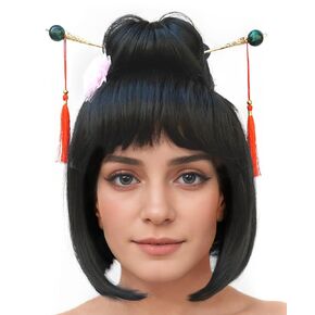 Witty Emporium Geisha Wig Black vel ade teen glamour قصيرة اليابانية الصين Girl Bob Bangs Topknot Bun updo اختيارات الشعر الملحقات Deluxe