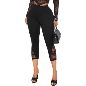 TZLDN Womens Capri Pants High Waisted Sexy Lace Leggings Mesh Cropped Dressy Casual Going Out Tights Rave Outfits