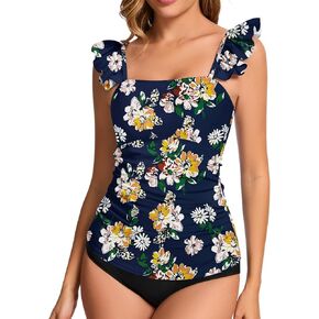 WOWENY Tankini Tops for Women No Bottom Bathing Suits Tummy Control Square Neck Ruffle Modest Swimsuit Top Only