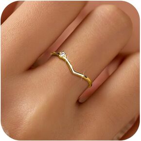 SUYACS Dainty 14K Gold Plated V Rings for Women Non Tarnish 925 Sterling Silver CZ Birthstone Wedding Bands Engagement Promise Ring Stackable Thin Simple Ring Jewelry Birthday Gifts for Her