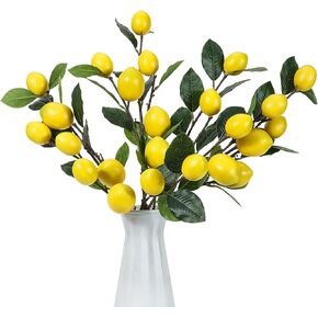 DuHouse 3 Pcs Fake Lemon Branches, 5 Head Artificial Yellow Lemons with Long Stems Fake Lemon Decoration for Home Kitchen Garden Party Decor