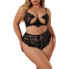 WDIRARA Women's Plus Size 2 Piece Panty Sets Sexy Lace Glitter Sequin Cut Out Underwire Lingerie Set