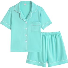 Vopmocld Unisex Kids Button Down Pajama Sets Short Sleeve & Shorts Solid Color Teens Outfit with Pockets Lounge Sets