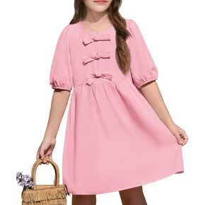 Yousify Girls Summer Dresses Cute Toddler Puff Short Sleeve Dresses A-Lined Flowy Trendy Bow tie Mini Dress Kids Outfits