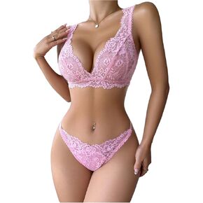 SOLY HUX Lingerie Set For Women Floral Lace Sexy Bra and Panty Sets 2 Piece Sheer Underwear Set