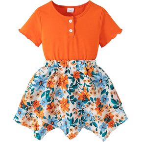 Little Girl Skirt Outfit 2 Piece Spring Summer Floral Dress Short Sleeve T-shirt and Ruffle Hem Skirt Set