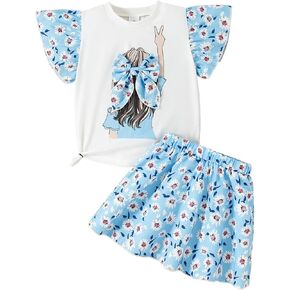 Toddler Girl Clothes Printed Short Sleeve Top Shirt and Skirt 2 Piece Outfits Kids Clothing Set