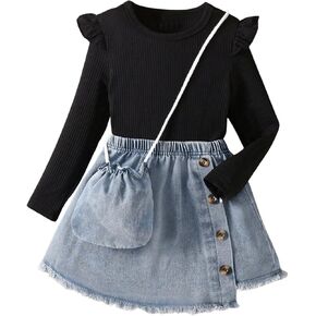 MakeMeChic Girl's 3 Piece Outfits Crew Neck Long Sleeve Rib Knitted Tee and Denim Skirt Set with Bag