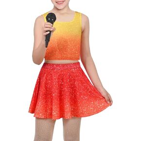 Sunny Fashion Girls 2 Piece Top Tank Gradient Orange Skirt Sparkle Show Music