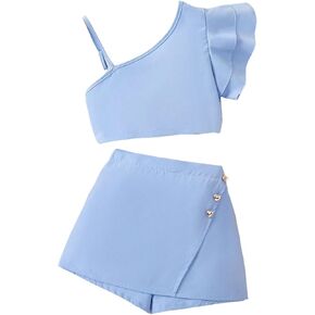 Floerns Girl's 2 Piece Outfit Asymmetrical Crop Top and Cute Short Skort Set