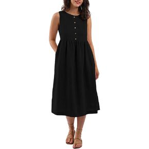 Amazhiyu Women's 100% Linen Summer Sleeveless Button Front Pleated Midi Dresses