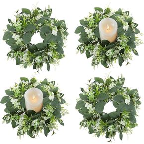 6PCS Artificial Eucalyptus Leaves Wreaths Candle Rings Wreaths Summer Greenery Garland Pillar Holder for Home Wedding Party Table Centerpiece Green in Kuwait