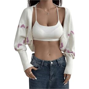 Verdusa Women's Rib Knit Open Front Bolero Shrug Sweater Graphic Cropped Cardigan Outwear