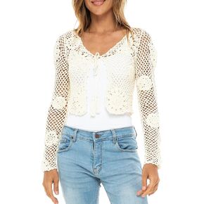 Back From Bali Womens 100% Cotton Crochet Tie-Front Artisan Shrug Sweater Cropped Lightweight Flower Knit Bolero in Kuwait