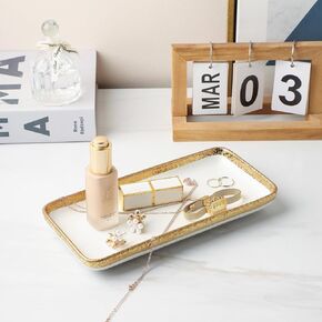 Ceramic Jewelry Dish Tray with Golden Rim,Small Decorative Tray,Trinket Dish,Ring Dish Holder,Gold and White Bathroom Vanity Tray,Holder Organizer for Candles Perfume Home Decor (Large 10×5.1")