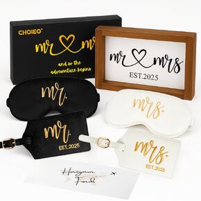 CHOIEO Embroidered Mr Mrs Est 2025 Luggage Tags, Embroidered Sleep Masks, Honeymoon Fund Envelope, Framed Sign, Mr & Mrs Wedding Gift Set (Est 2025)