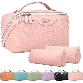 BOYATU Travel Makeup Bag Organizer Cosmetic Bag: 3 Pcs Set Make up Bags for Women with Handle - Waterproof Vegan Leather Toiletry Bags with Comparments (C-01-Purple)