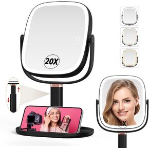Mocado Makeup Mirror with Lights, 1X/20X Magnifying Mirror with Light, Vanity Mirror with 3 Colors Lights, Height Adjustable Lighted Makeup Mirror, Double Sided 360°Rotation, Memory Function (White)