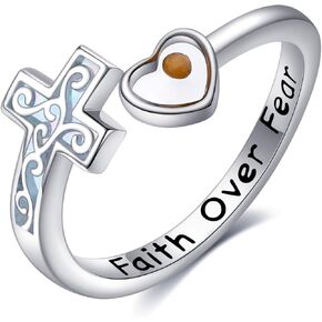 URONE Cross Rings Sterling Silver Cross Faith/Mustard Seed Ring Adjustable Christian Faith Ring Religious Jewelry Gifts for Women