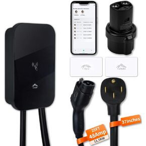 Level 2 EV Charger, 48 Amp & 240V EV Charger Level 2, NEMA 14-50 Plug, Metal Case Enclosure, Indoor/Outdoor, Tesla Adapter EV Level 2 Charger, 2.4GWiFi/RFID/App Level 2 EV Charger 25' Cord