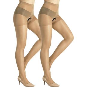 2 Pairs Sheer Pantyhose For Women 20D High Waist Suspender Tights with Control Top