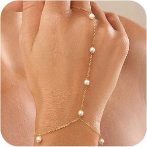 Dainty Hand Chain Bracelet for Women: 14K Gold Plated Pearl Ring Bracelet for Women Small Wrist Waterproof Simple Finger Bracelets Cute Trendy Gold Chain Ring Everyday Jewelry