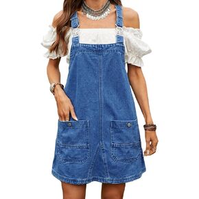 Women's Denim Overall Dress Adjustable Strap Knee-Length Jean Jumper with Front Pockets Soft Breathable Loose Fit