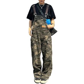 Viatabuna Denim Overalls for Women Baggy Bib Adjustable Strap Camo Print Jean Jumpsuit Wide Leg Camouflage Pant Romper