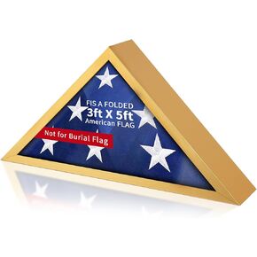 Flag Display Case for 3'x 5' American Flag,（Not for Burial Flag） Shadow Box with HD Tempered Glass and Wall Mount,Small Folded Flag Display Case Gold
