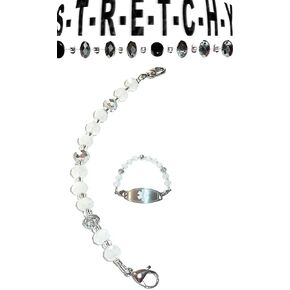 Hidden Hollow Beads Women's White Beaded Stretchy 6.5 or 5.5 inch long Medical Alert ID Interchangeable Replacement Bracelet, Identification Vital info tag