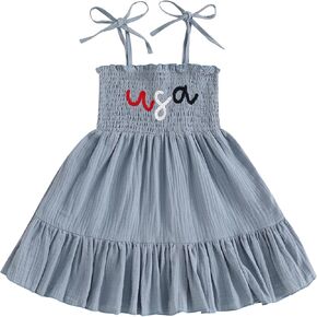 Kayotuas 4th of July Toddler Girl Outfit Smocked USA Dress Sleeveless Tie Strap Fouth of July Dresses Kids Patriotic Clothes