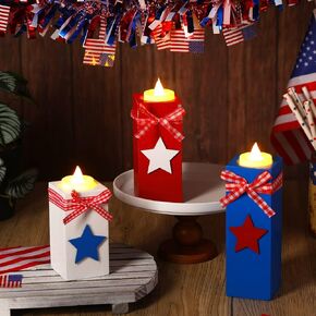 Pinkunn 3 Pcs 4th of July Table Decoration Patriotic Tiered Tray Decor Wooden Candle Holder Table Centerpieces with Operated Tea Lights Independence Day Votive Candle Holders for Memorial Day