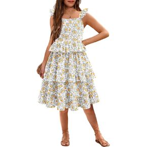 Arshiner Girls Dresses Ruffle Sleeve Tiered Casual Flowy Swing Tween Sundress with Pockets for Girls 5-13 Years