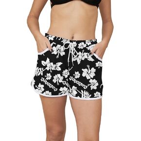 Women's Hawaiian Boardshorts Beach Quick Dry Breathable Swim Trunks with Pockets Black Floral L