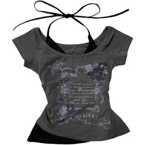Baby Tee Y2k Women Grunge Top Emo 2000s Vintage Fake Two Piece Short Sleeve T Shirt Crop Tops Teens