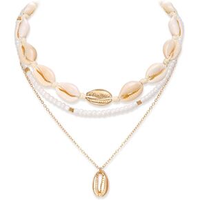 EVER FAITH Fashion Faux Pearl Beaded Sea Shell Collar Necklace Summer Beach Natural Handmade Boho Hawaiian Seashell Jewelry Surfer Beachy Stuff Accessories