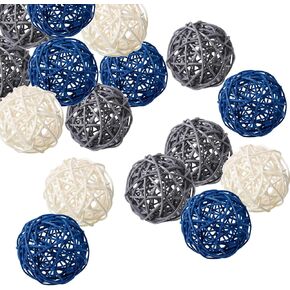 15 PCS Mixed Blue Gray White Natural Decorative Wicker Rattan Balls- Vase Filler, House Ornament, Christmas Tree Garden Wedding Party Coffee Table Decoration,Craft DIY, Parrot, Bird Toys Balls