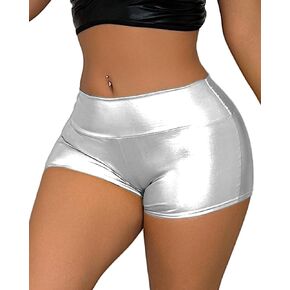 High Waisted Metallic Shorts for Women - Shiny Silver Party Shorts, Stretchy Rave Bottoms for Dance Festival