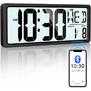 Bluetooth Time Sync Digital Wall Clock Battery Operated with Backlight, Auto DST Large Digital Wall Clock with Day, Date & Temperature, 15'' Large Digital Clock for Home, Bedroom, Office