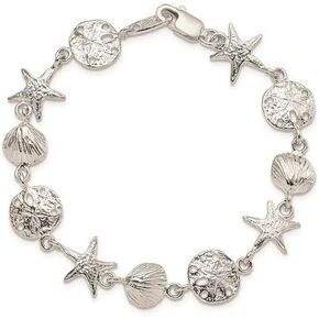 Solid Sterling Silver 7" Seashells, Starfish and Sand Dollar Bracelet - 14mm wide - Beach Jewelry - Pura Vida - Bohemian Bracelet for Women