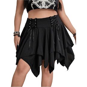 Verdusa Women's Plus Size Y2k Goth Lace Up Asymmetrical Skirt High Waist Layered Ruffle Skirts